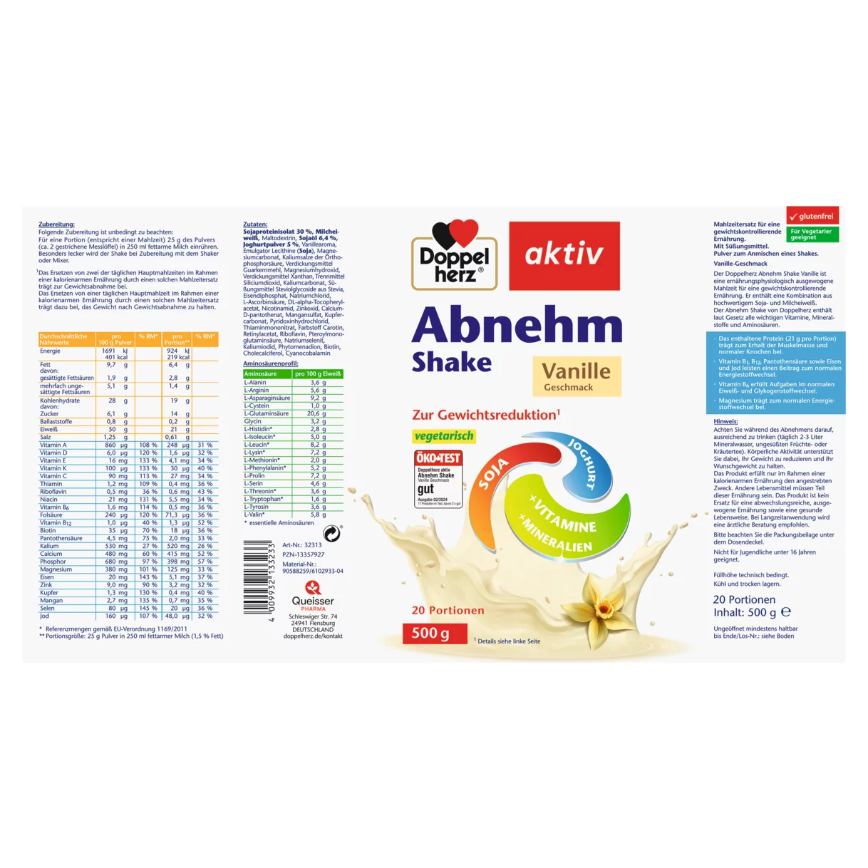 Abbildung der Produktverpackung Doppelherz aktiv Abnehm Shake Vanille Seitenansicht links